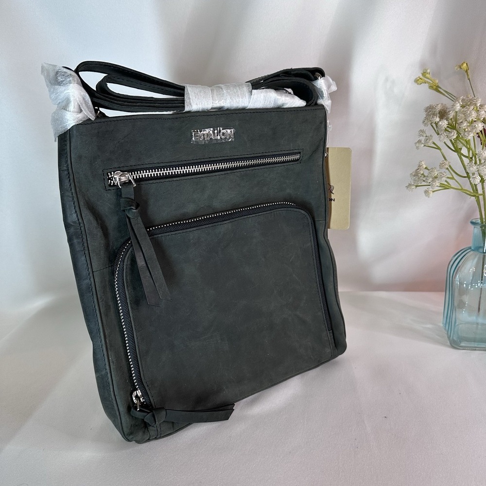 ESTALON Black Genuine Leather Crossbody Bag Purse 10" Pockets Zipper Minimal NWT